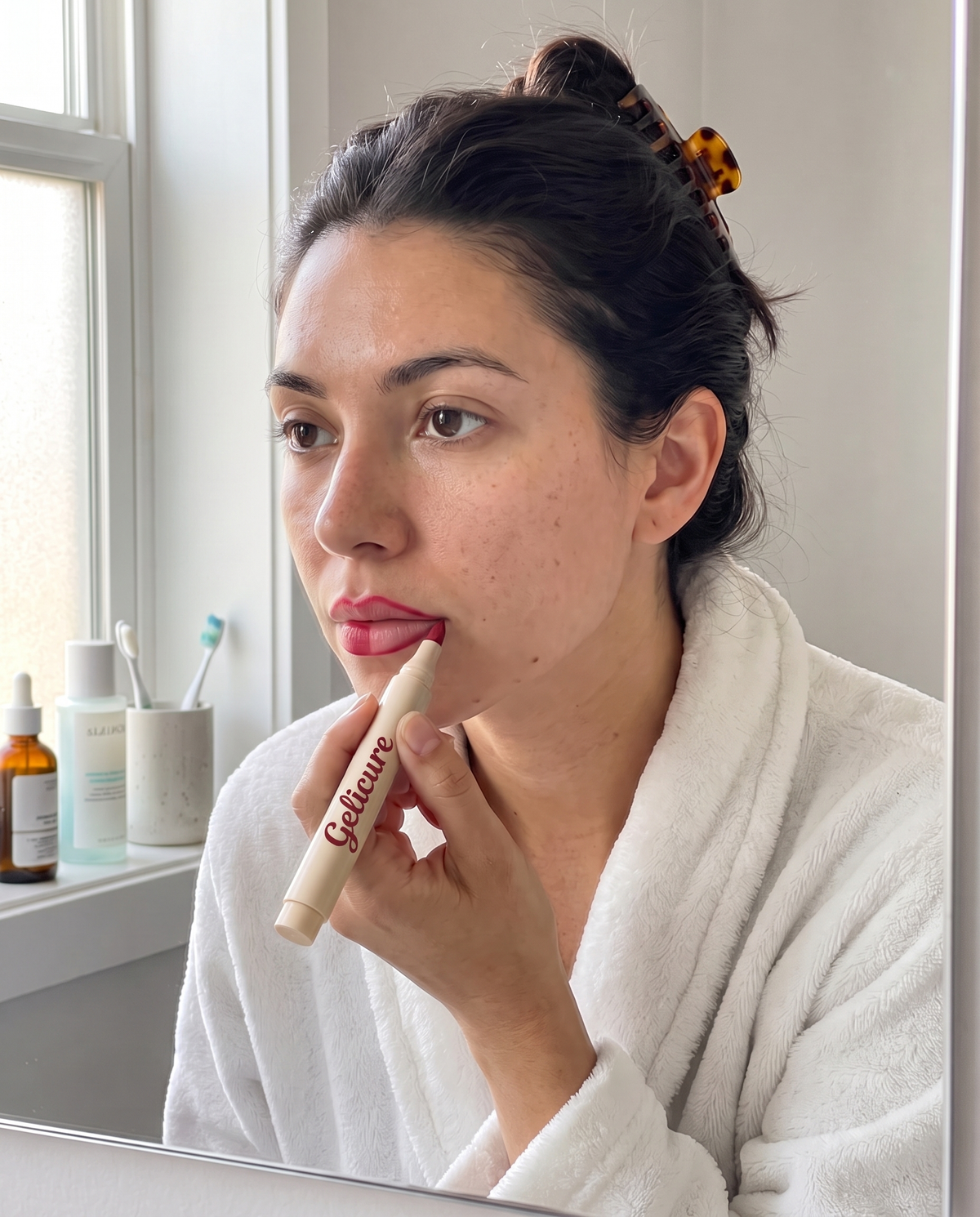 Woman applying the Gelicure lip pen in the mirror
