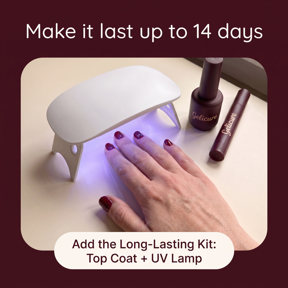 Up to 14 days of wear with the Gelicure Long-Lasting Kit
